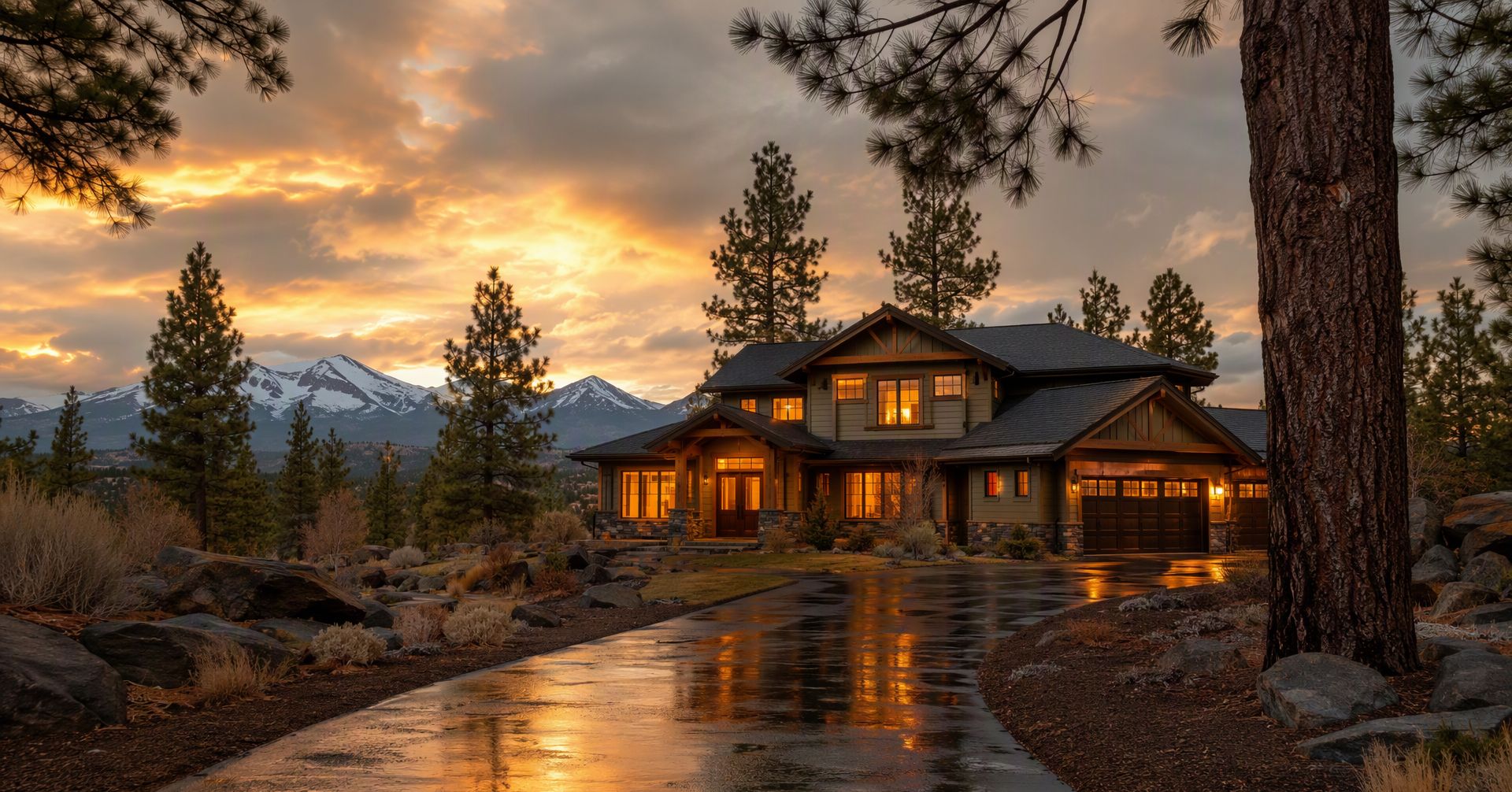 Craftsman home in Bend at golden hour after a storm, wet driveway reflecting warm window light with the Cascades beyond